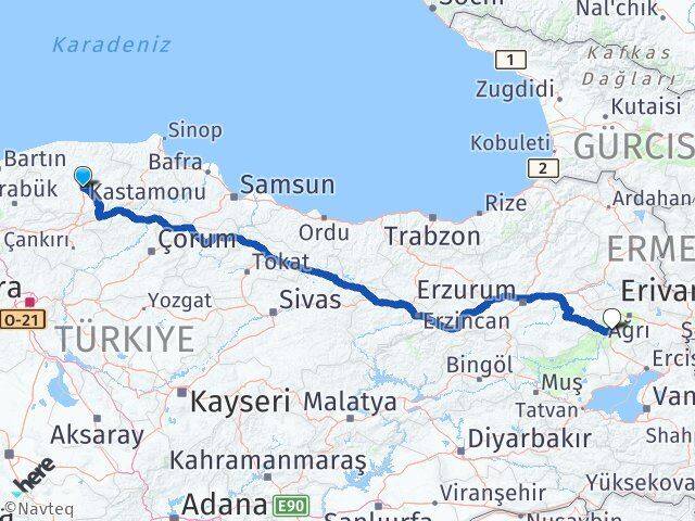Kastamonu Tutak Ağrı Arası Kaç Km - Yol Haritası