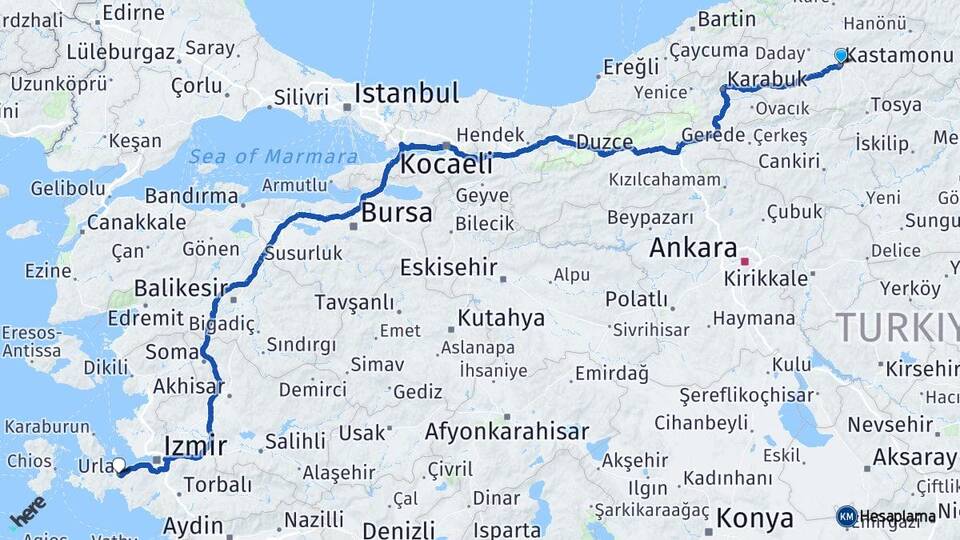Kastamonu Urla İzmir Arası Kaç Km - Yol Haritası