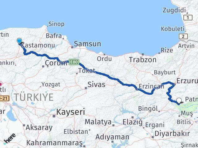 Kastamonu Varto Muş Arası Kaç Km - Yol Haritası