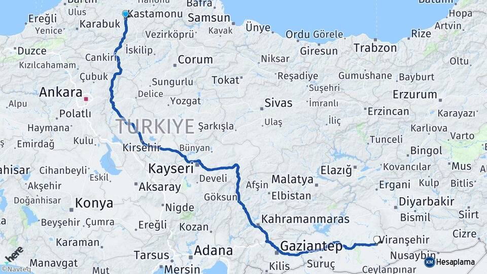 Kastamonu Viranşehir Şanlıurfa Arası Kaç Km - Yol Haritası