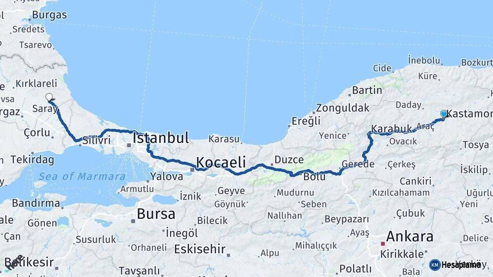 Kastamonu Vize Kırklareli Arası Kaç Km - Yol Haritası