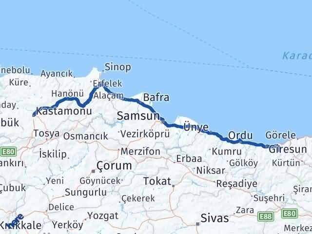 Kastamonu Yağlıdere Giresun Arası Kaç Km - Yol Haritası