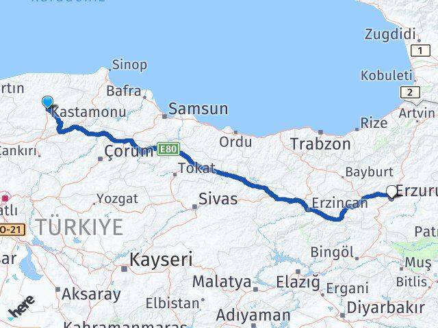 Kastamonu Yakutiye Erzurum Arası Kaç Km - Yol Haritası