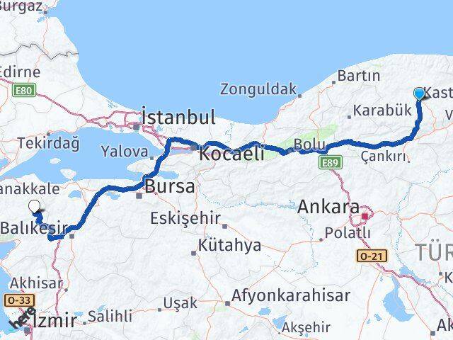 Kastamonu Yenice Çanakkale Arası Kaç Km - Yol Haritası