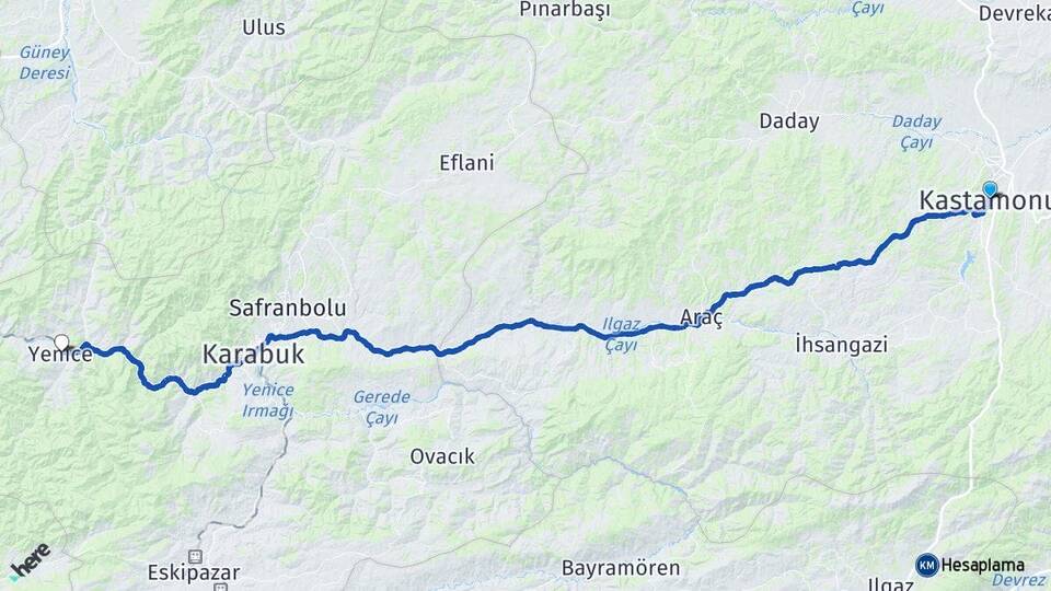 Kastamonu Yenice Karabük Arası Kaç Km - Yol Haritası