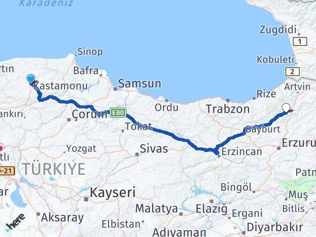 Kastamonu Yusufeli Artvin Arası Kaç Km - Yol Haritası
