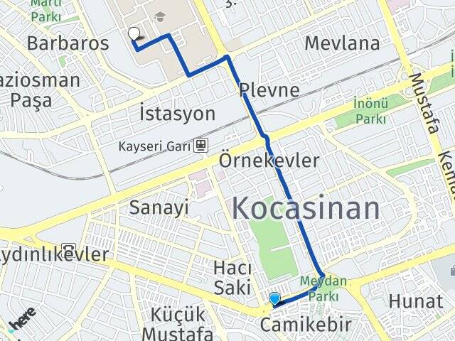 Kayseri Abdullah Gül Üniversitesi Arası Kaç Km - Yol Haritası