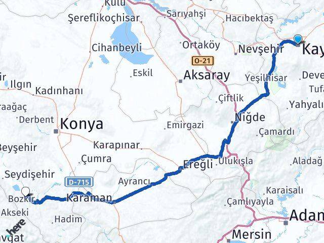 Kayseri Ahırlı Konya Arası Kaç Km - Yol Haritası