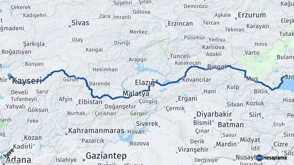 Kayseri Ahlat Bitlis Arası Kaç Km - Yol Haritası