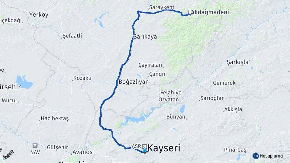 Kayseri Akdağmadeni Yozgat Arası Kaç Km - Yol Haritası