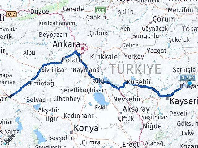 Kayseri Akkışla Afyonkarahisar Arası Kaç Km - Yol Haritası