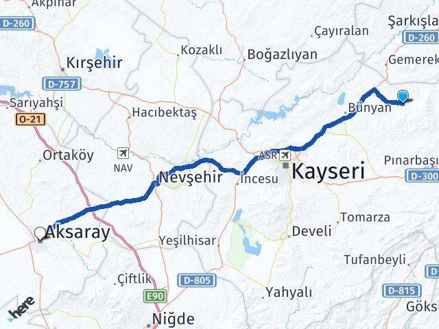 Kayseri Akkışla Aksaray Arası Kaç Km - Yol Haritası