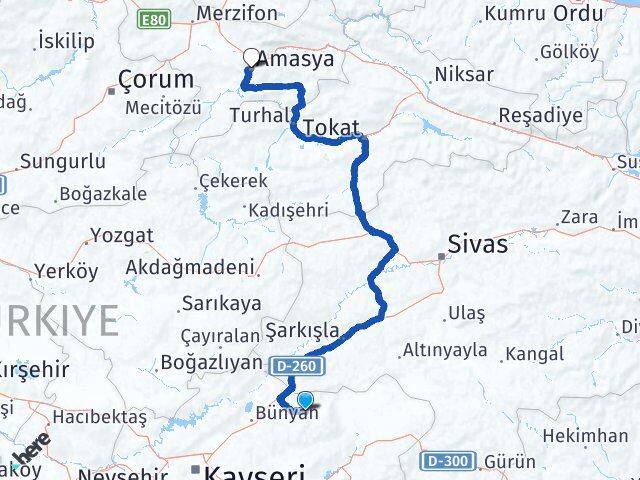 Kayseri Akkışla Amasya Arası Kaç Km - Yol Haritası