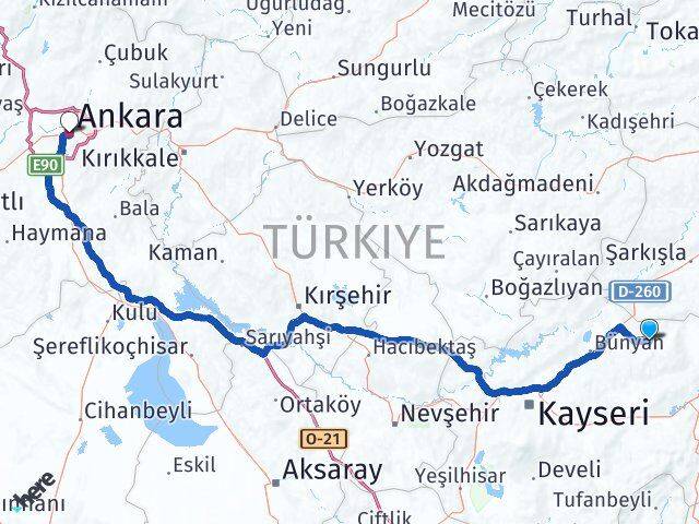 Kayseri Akkışla Ankara Arası Kaç Km - Yol Haritası