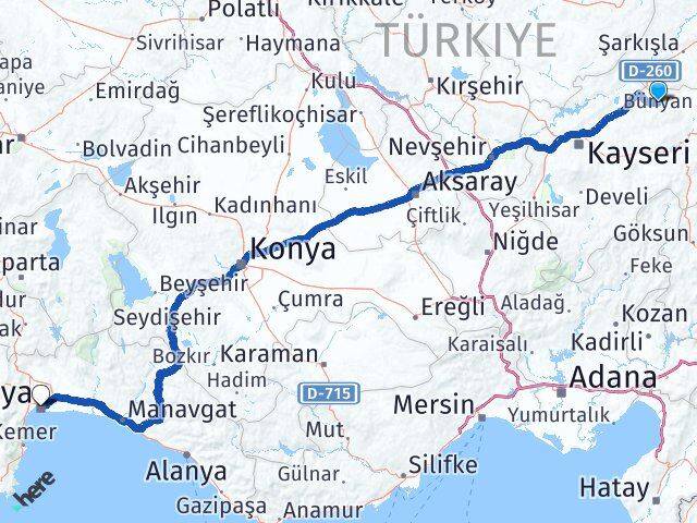 Kayseri Akkışla Antalya Arası Kaç Km - Yol Haritası