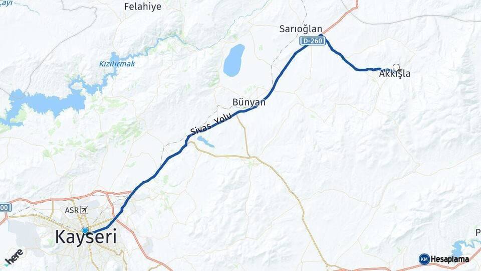 Kayseri Akkışla Arası Kaç Km - Yol Haritası