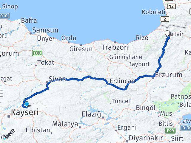 Kayseri Akkışla Artvin Arası Kaç Km - Yol Haritası