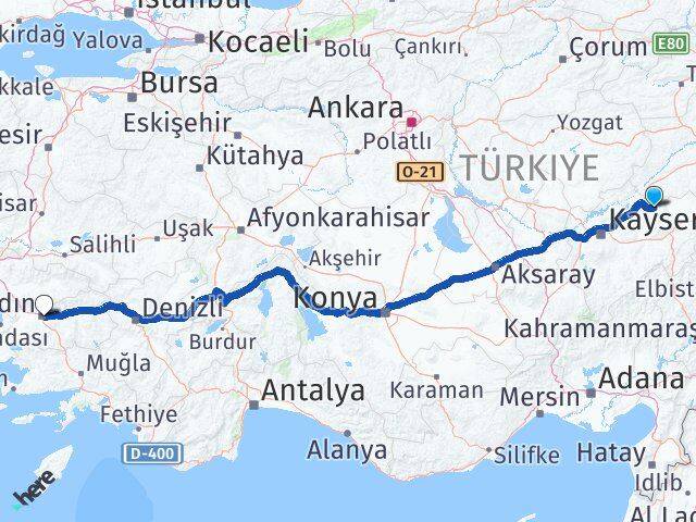 Kayseri Akkışla Aydın Arası Kaç Km - Yol Haritası