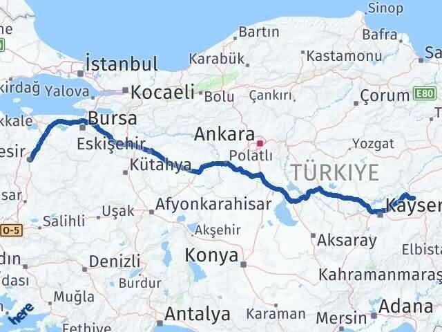 Kayseri Akkışla Balıkesir Arası Kaç Km - Yol Haritası