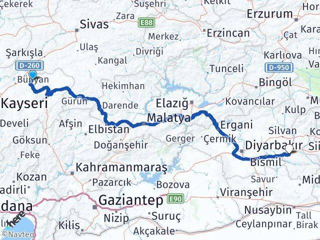 Kayseri Akkışla Batman Arası Kaç Km - Yol Haritası