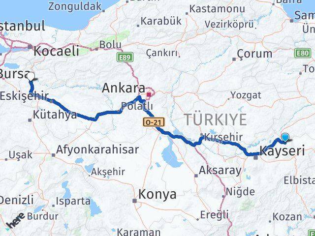 Kayseri Akkışla Bilecik Arası Kaç Km - Yol Haritası