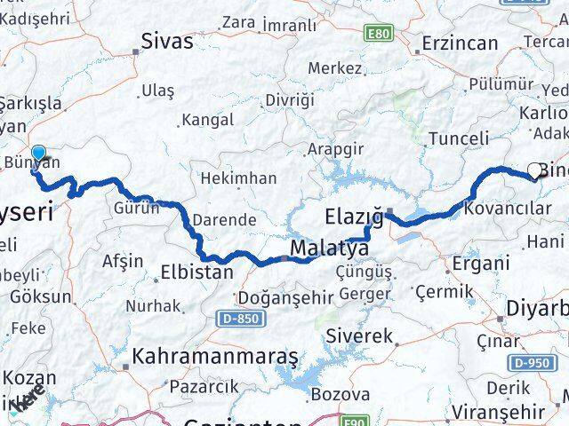 Kayseri Akkışla Bingöl Arası Kaç Km - Yol Haritası