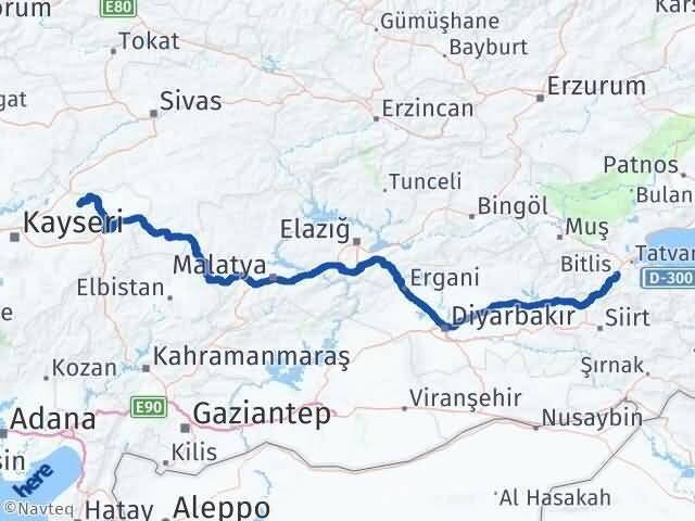 Kayseri Akkışla Bitlis Arası Kaç Km - Yol Haritası