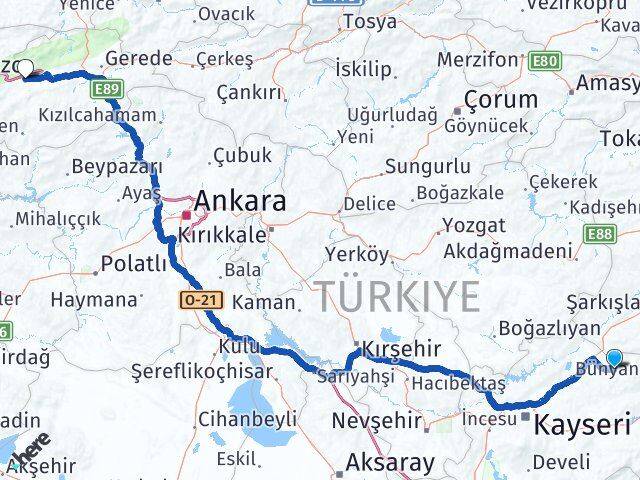 Kayseri Akkışla Bolu Arası Kaç Km - Yol Haritası