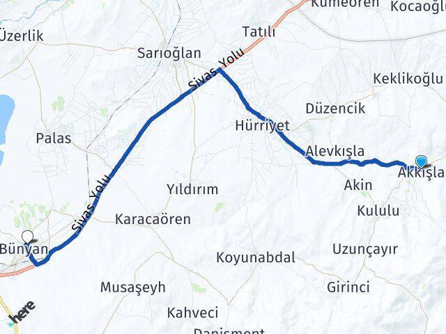 Kayseri Akkışla Bünyan Arası Kaç Km - Yol Haritası