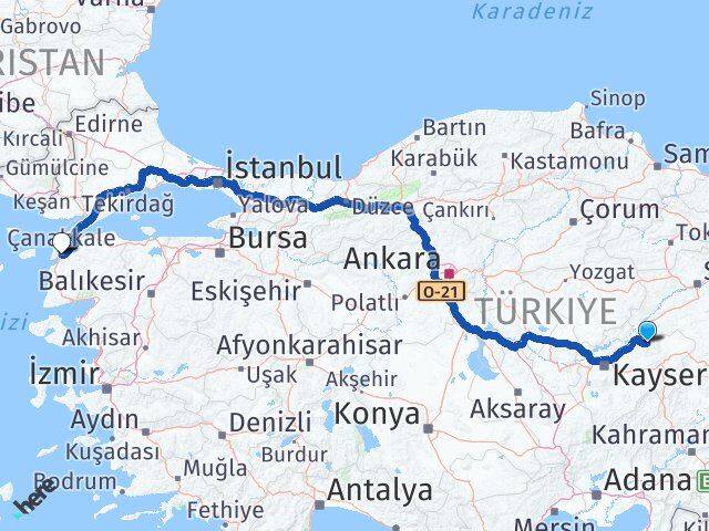 Kayseri Akkışla Çanakkale Arası Kaç Km - Yol Haritası