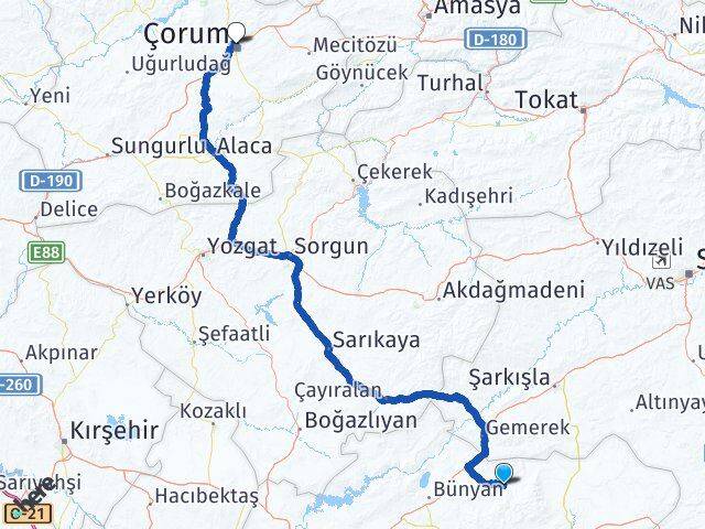 Kayseri Akkışla Çorum Arası Kaç Km - Yol Haritası