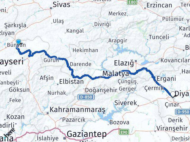 Kayseri Akkışla Diyarbakır Arası Kaç Km - Yol Haritası
