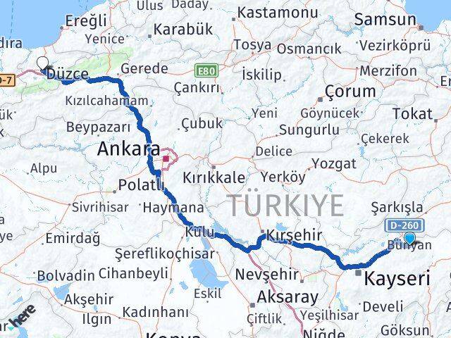 Kayseri Akkışla Düzce Arası Kaç Km - Yol Haritası