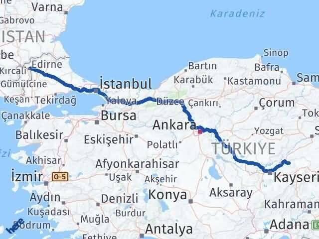 Kayseri Akkışla Edirne Arası Kaç Km - Yol Haritası