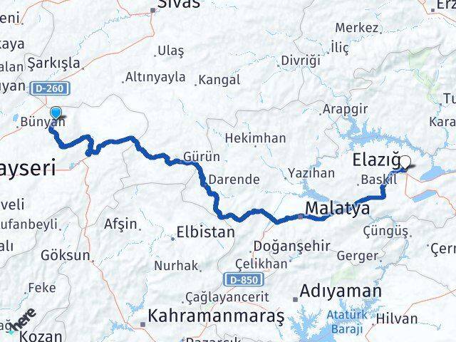Kayseri Akkışla Elazığ Arası Kaç Km - Yol Haritası