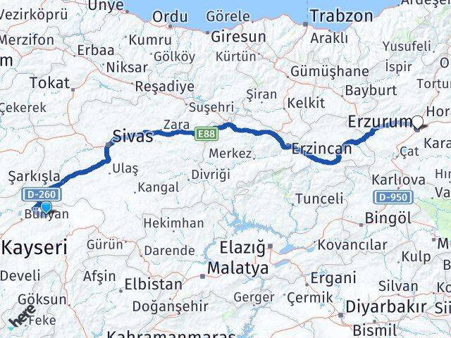 Kayseri Akkışla Erzurum Arası Kaç Km - Yol Haritası