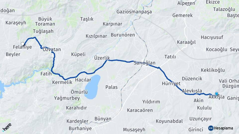 Kayseri Akkışla Felahiye Arası Kaç Km - Yol Haritası
