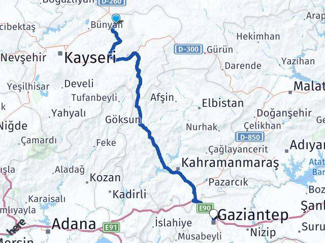 Kayseri Akkışla Gaziantep Arası Kaç Km - Yol Haritası