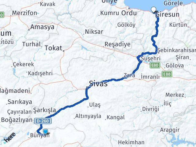Kayseri Akkışla Giresun Arası Kaç Km - Yol Haritası