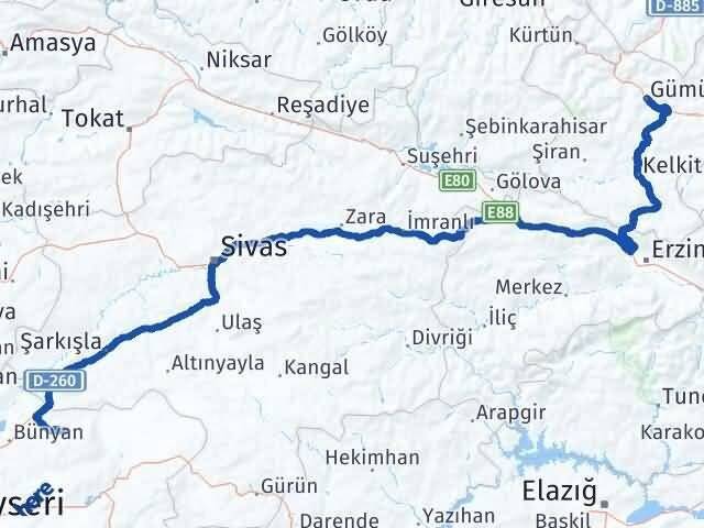 Kayseri Akkışla Gümüşhane Arası Kaç Km - Yol Haritası