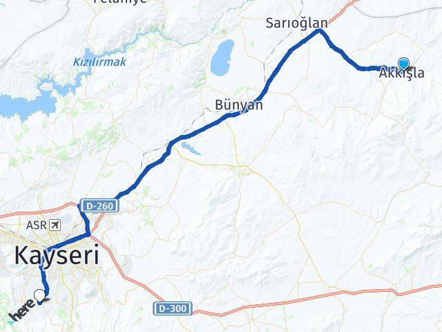 Kayseri Akkışla Hacılar Arası Kaç Km - Yol Haritası