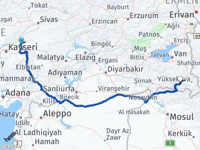 Kayseri Akkışla Hakkari Arası Kaç Km - Yol Haritası