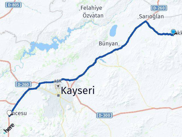 Kayseri Akkışla İncesu Arası Kaç Km - Yol Haritası