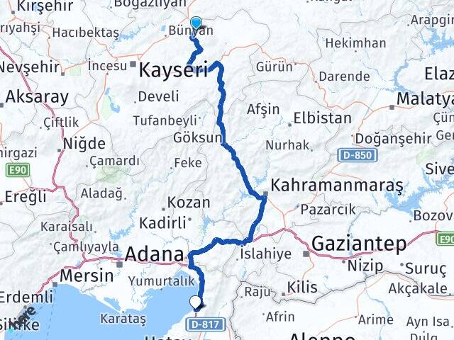Kayseri Akkışla İskenderun Hatay Arası Kaç Km - Yol Haritası