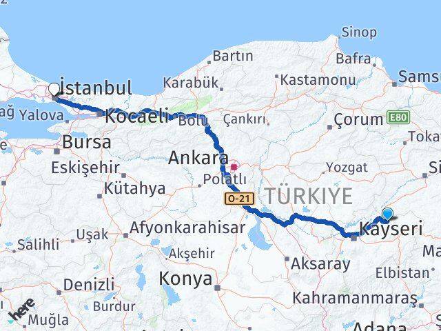Kayseri Akkışla İstanbul Arası Kaç Km - Yol Haritası