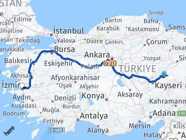Kayseri Akkışla İzmir Arası Kaç Km - Yol Haritası