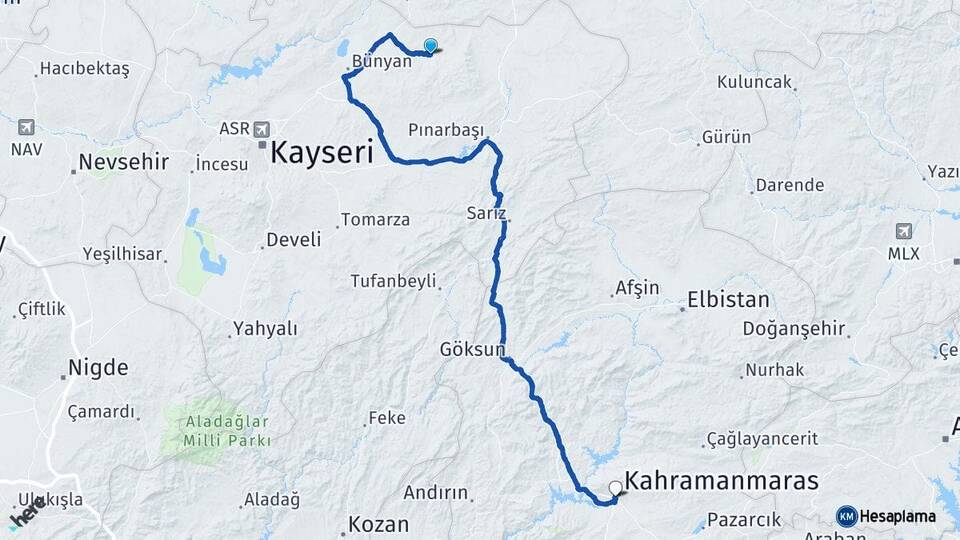 Kayseri Akkışla Kahramanmaraş Arası Kaç Km - Yol Haritası
