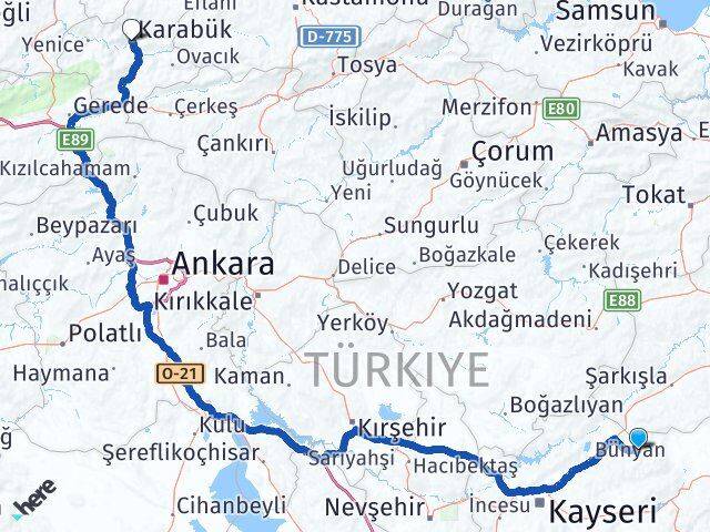 Kayseri Akkışla Karabük Arası Kaç Km - Yol Haritası