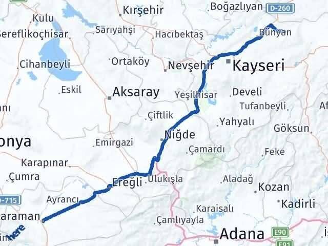 Kayseri Akkışla Karaman Arası Kaç Km - Yol Haritası