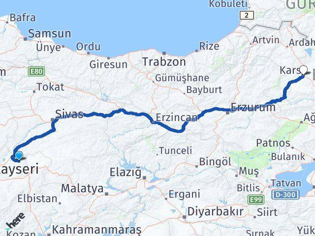 Kayseri Akkışla Kars Arası Kaç Km - Yol Haritası